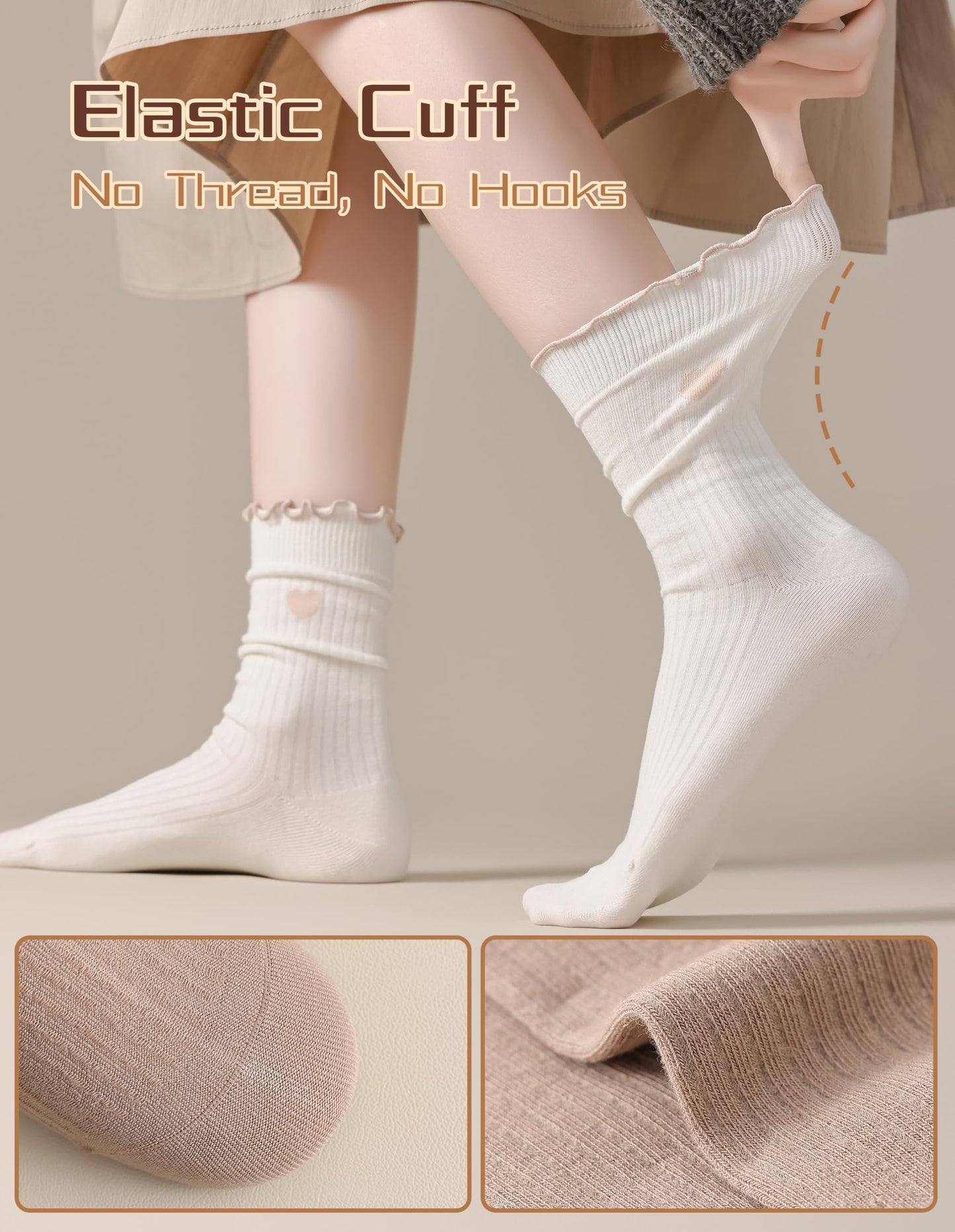 AIVEI Ruffle Socks Woman Frilly Cute Cozy Cotton Heart Aesthetic Neutral Dress Boot Crew Ankle Socks 6 Pairs, Gifts for Women Girls Mother