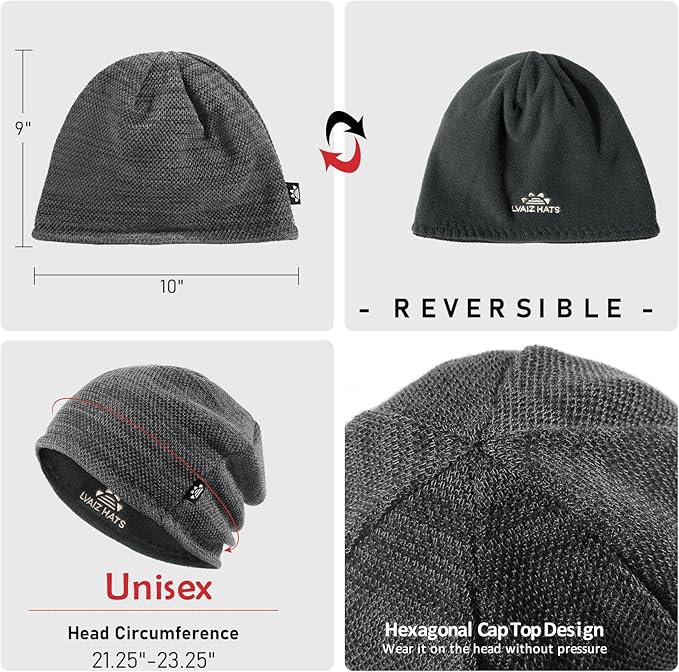 Lvaiz Mens Winter Beanie Hat Warm Fleece Lined Skull Cap for Men Reversible Women Windproof Watch Hat Knit Warm Unisex Beanie