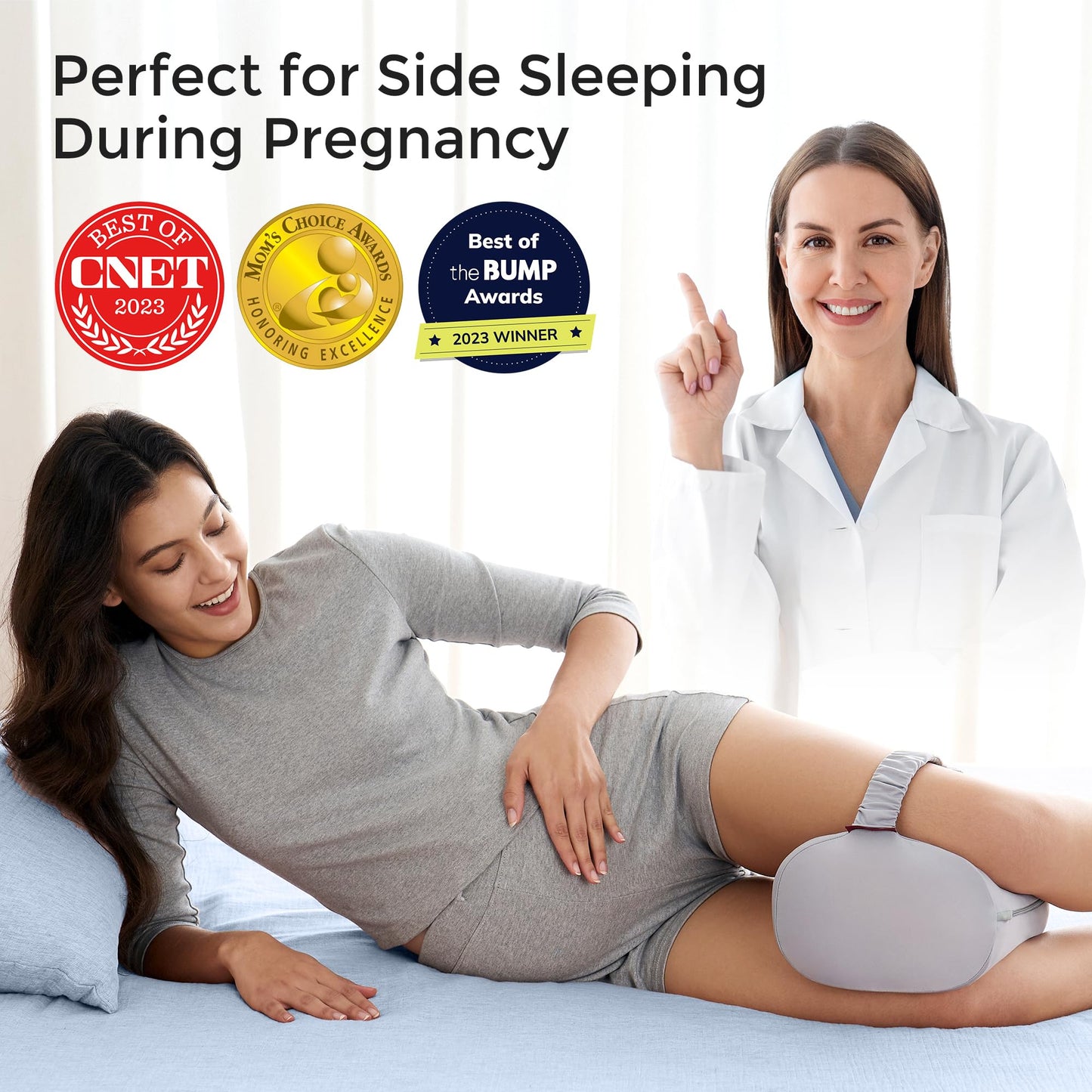 Momcozy Knee Pillow for Side Sleepers with Cooling Cover, Soft Memory Foam Spine Alignment Pregnancy Leg Pillow for HIPS, Back, Sciatica Pain, Fixed Strap for Moving, Wider Contact Even Pressure