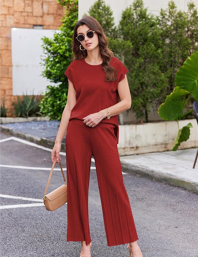 Ekouaer Lounge Sets for Women Two Piece Outfits Knit Cap Sleeve Tops Wide Leg Pleated Pants Casual Dressy Sweater Sets