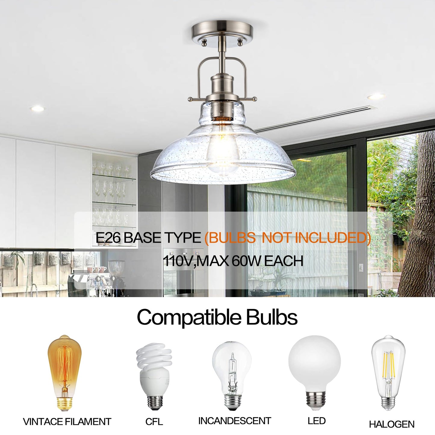 Zlepmlla Modern Flush Mount Ceiling Light Fixture, < Bulb NOT Included> Brushed Nickel Finished with Clear Glass Shade, Farmhouse Light Fixture for Kitchen Island Entryway Porch Foyer Dining Room