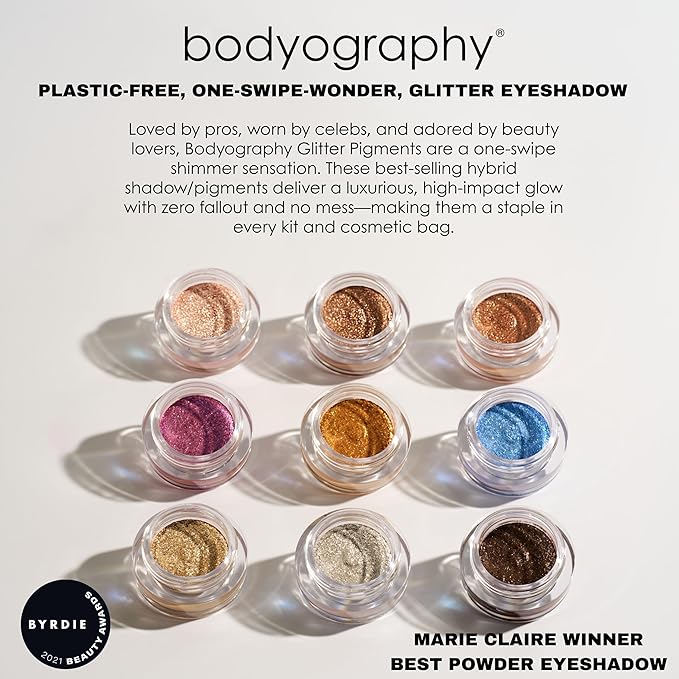 Bodyography Glitter Pigment Eye Shadow | Long Wear Shimmer Eyeshadow | Vegan, Talc & Paraben Free | Cream Powder Formula | Aura Glow (Chrome Lavender) 1.5 g