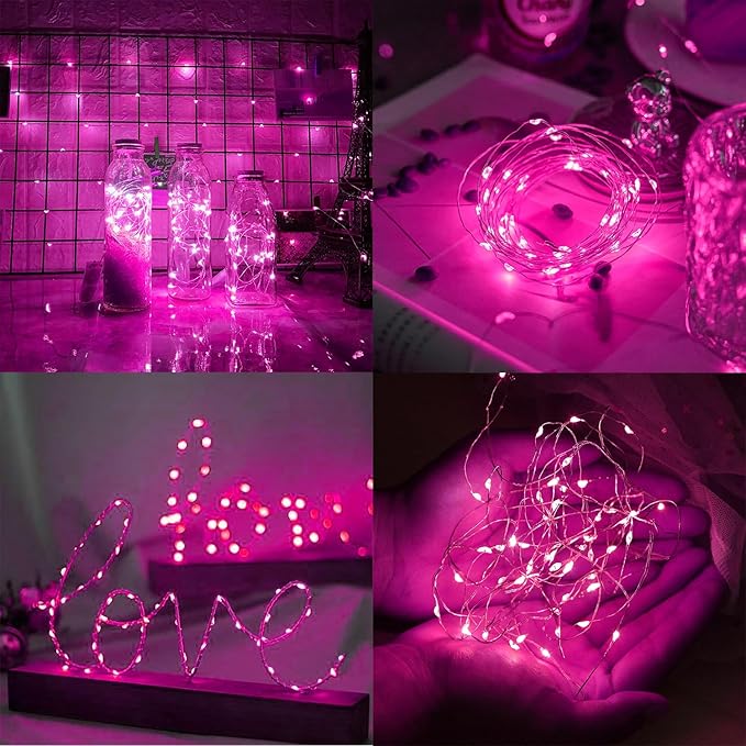 WATERGLIDE 12 Pack Valentine's Fairy Lights Battery Operated (Included), 7 ft 20 LED Mini String Lights, Waterproof Silver Wire Firefly Starry Light for DIY Wedding Party Mason Jars Decor, Pink