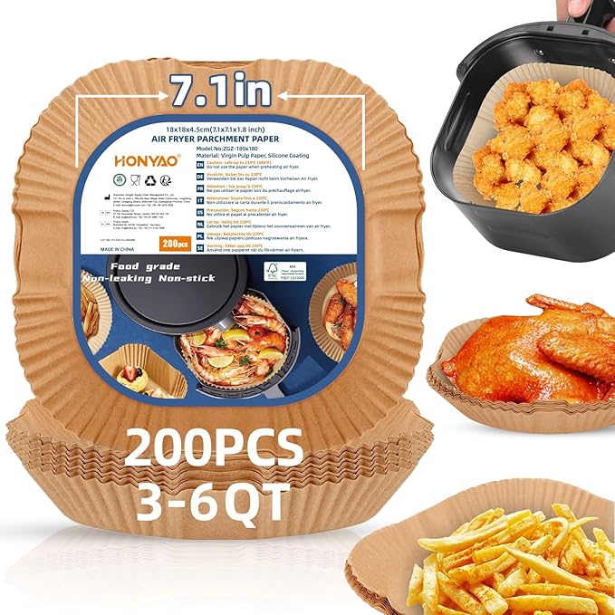 7.1 inch Air Fryer Paper Liners for Instant Pot Vortex Plus 4QT, 200pcs 3-6 Qt Thickened Square Disposable Parchment Liner Compatible with Ninja 5qt / Chefman 4-6 qt/Cosori 5qt / Instant Pot 4qt