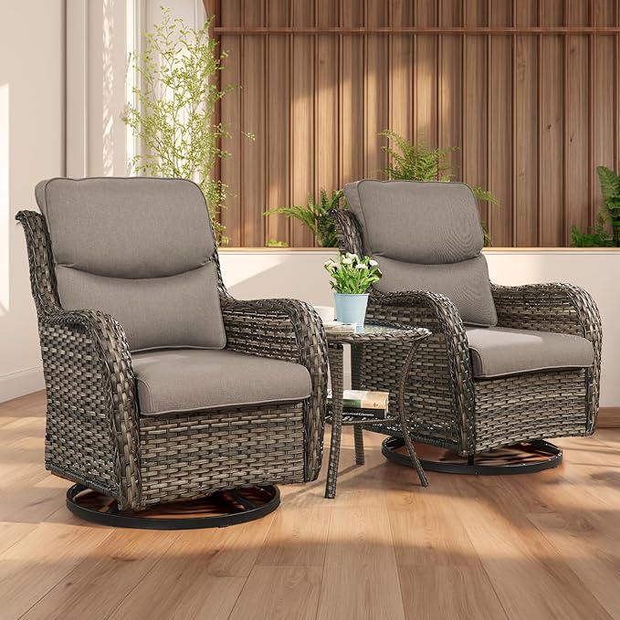 Rilyson Wicker Rocking Chair Swivel Chairs - 2 Piece Rocker Patio Chairs Set Rattan Rocking Chair for Outdoor Porch Deck Garden Backyard (Mixed Grey/Grey/Smile)