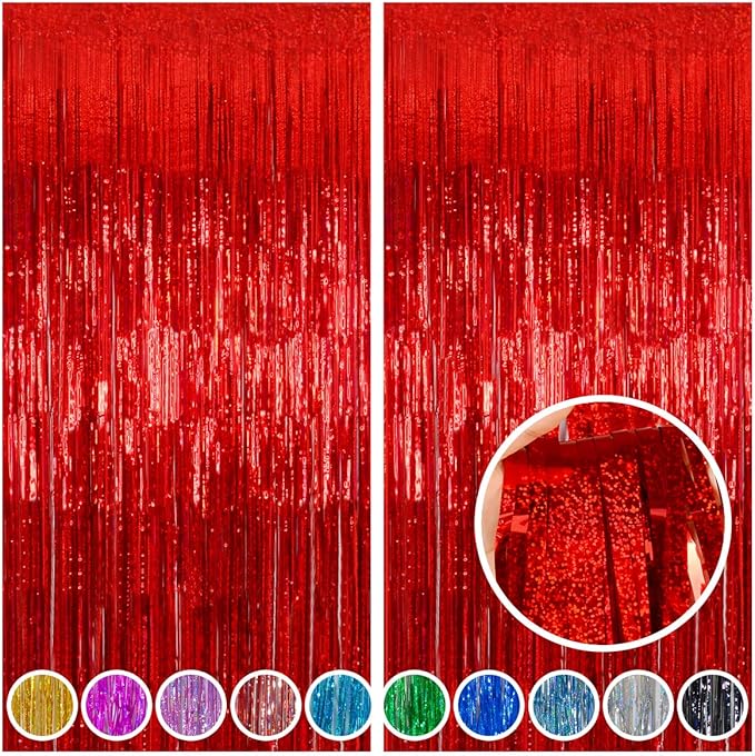 Valentines Day Backdrop Valentines Day Decorations, Melsan Red Tinsel Foil Fringe Curtains Backdrop, 3.2 ft x 8 ft Sparkle...