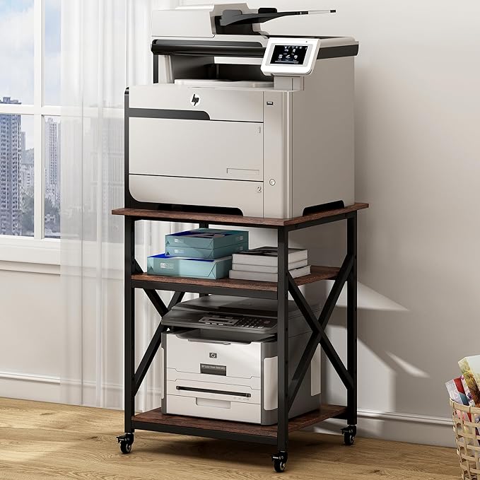 Fannova 23.6 x 23.6 Inches Large Printer Stand, 3 Tier Square Printer Table with Height Adjustable Storage Shelf, Rolling Printer Cart with Industrial Wheels for Home Office - Rustic Brown
