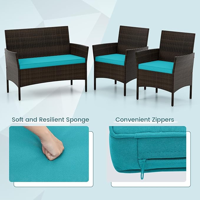 HAPPYGRILL 8 Pieces Outdoor Rattan Conversation Set, Patio Wicker Furniture Set with Loveseat Chairs & Tempered Glass Coffee Table, Outside Sectional Sofa Set for Backyard, Garden, Poolside