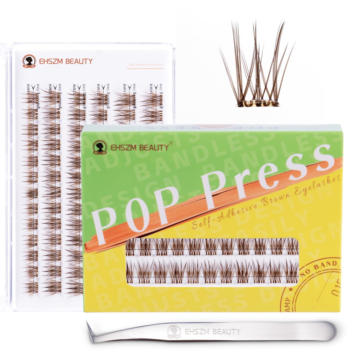 Brown Self Adhesive Lash Clusters - EHSZM BEAUTY POP-PRESS No Glue | Invisible Clear Band, Warm Tone for Daily/Party Makeup 3s E