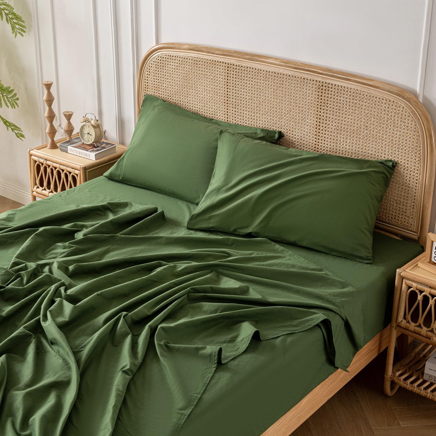 Green 100% Washed Cotton Linen Feel Sheet Set King Size, 4 Pieces Deep Pocket Bed Sheets Soft Breathable Hotel Bedsheets