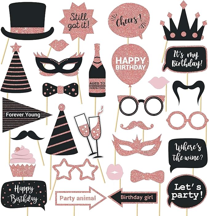 Party Birthday Photo Booth Props, 30Pcs Set of Happy Birthday Selfie Party Supplies with Real Glitter Cute Bday Designs fo...