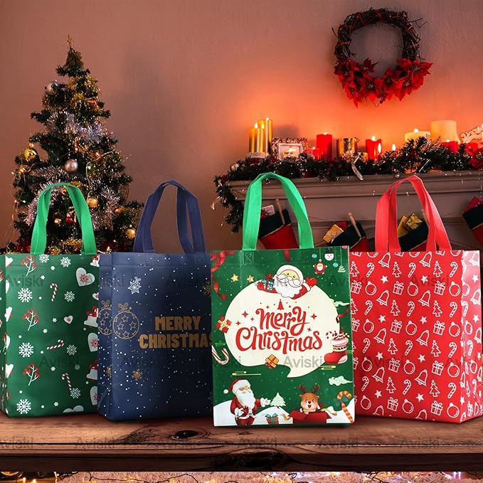 8PCS Christmas Tote Treat Non-Woven Gift Bags with Handles for Gifts Wrapping Shopping, Xmas Party Supplies, 12.2×9.8×4.53inch