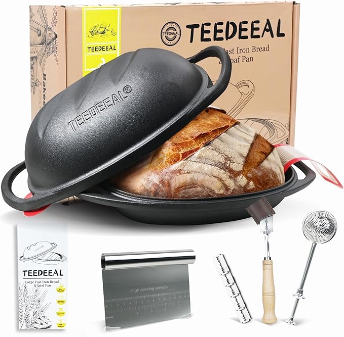 9.2 QT Heavy Duty Pre-seasoned Cast Iron Bread Pan, Large Loaf Dutch Oven with Lid, Sourdough Bread Baking Pan - Compatible with Ceramic/Cooktops/Ovens/Grill/Campfire - with lame, Flour Duster, etc