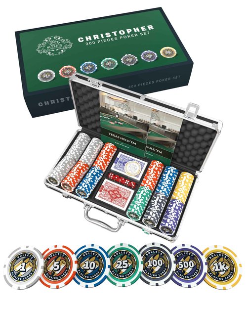 Bullets Playing Cards | Poker Set Christopher | 300 Plastic Poker Chips (12 g) with Aluminum Case, Plastic Playing Cards & Dice – Texas Hold’em, Numbered Values
