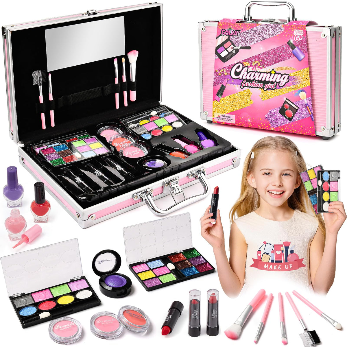 Golray Teen Makeup Kit for Girls Ages 8-12, Starter Full Make up Set With Train Case / 4 Eyeshadow Pallets/Blush/Nail Polish/Lip
