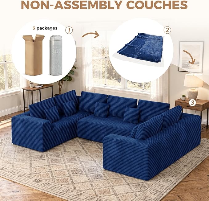 136'' Large Sectional Cloud Couches with Chaise, U Shaped Boneless Loveseat Sofa, No Assembly Required Deep Seat Modular Lounge for Living Room 3PCS Set, Bedroom(Blue)