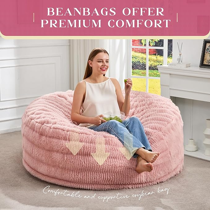 Hobestluk Bean Bag Chairs Beanbag Chair with Filler Adult Bean Bags with Fluffy Ripple Cover, Giant Bean Bag Chairs for Adults (Pink, 4FT - 44" x 44" x 24")