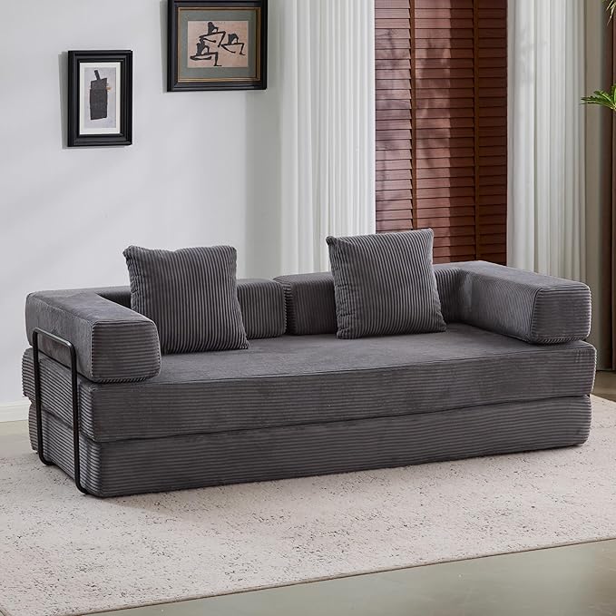 Convertible Couch Sofa Bed Foldable Floor Sleeper | Modern Fold Out Couch | Removable Backrest & Armrests | No Assembly Compression Sofa Sleeper for Living Room, Bedroom | Corduroy Fabric Gray