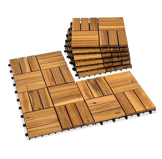 VICTORY RELAX Acacia Wood Decking Tiles 9PCS - Easy Snap Interlocking Deck Tiles for Patio Poolside Balcony Decor - All Weather Waterproof Flooring for Indoor & Outdoor (Round Joints)