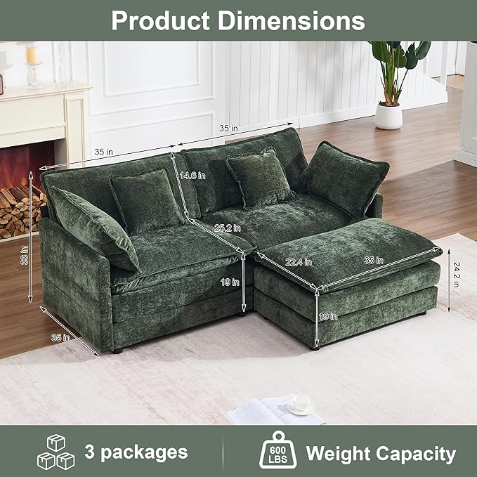 KIVENJAJA Chenille L-Shaped Modular Sectional Sofa, Modern Loveseat Comfy Deep Seat Cloud Couch with Ottoman/Chaise & 4 Pillows for Living Room Office Apartment, 76.7" W, Green