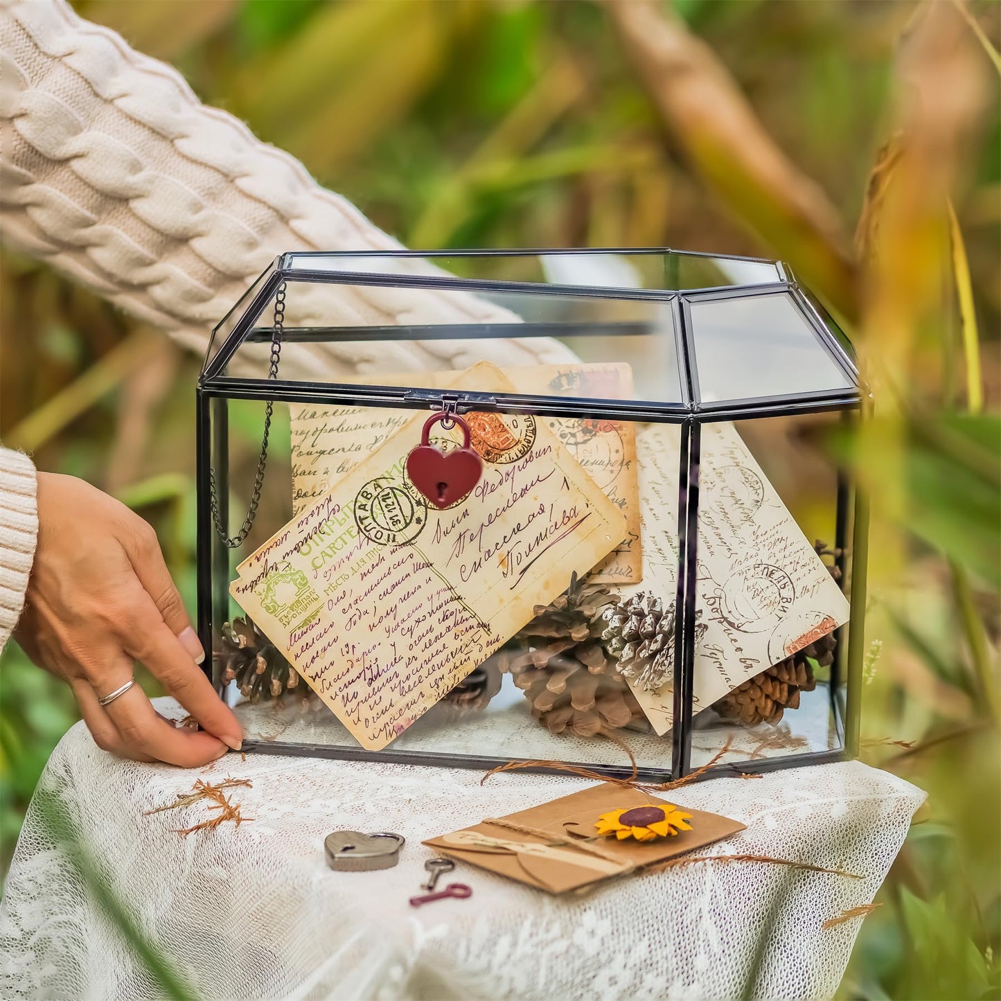 NCYP Gothic Glass Box with Swing Lid and Lock, Geometric Keepsake Card Display Organizer for Wedding Party - Halloween Decoration, Black Coffin-Shaped Terrarium, 10.4" x 5.7" x 7.5" (Glass Box Only)