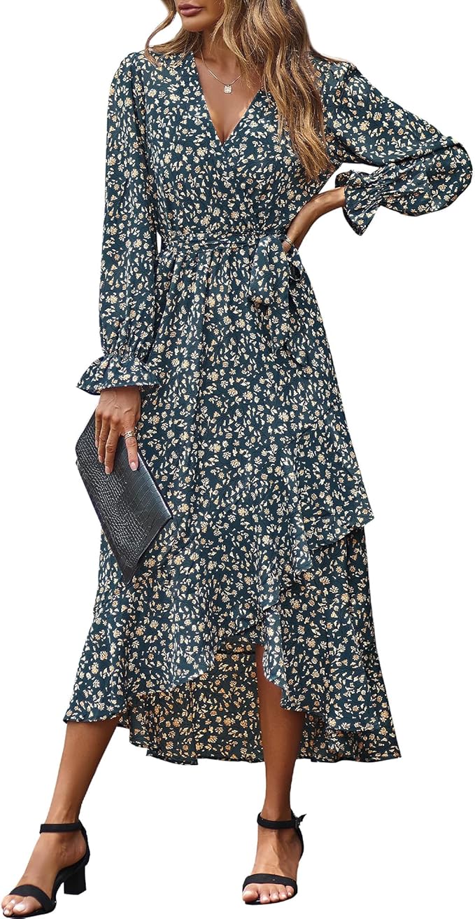 BTFBM Womens Dresses Spring Clothes 2026 V Neck Floral High Waist Ruffle Wedding Guest Cocktail Boho Long Sleeve Dress