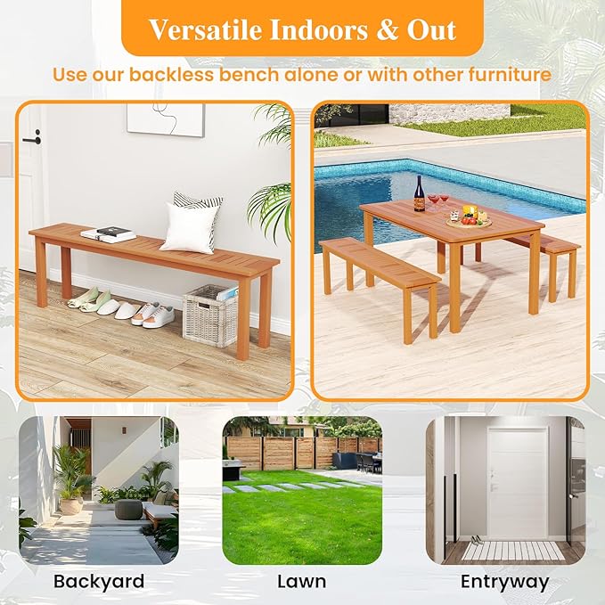 Tangkula Outdoor Wood Bench, 59” Long Patio Dining Bench Set of 2, Backless Wooden Bench with Teak Oil Finish & Slat Seat, Accent Entryway Bench, Farmhouse Bench for Yard, Garden, Porch, Indoors