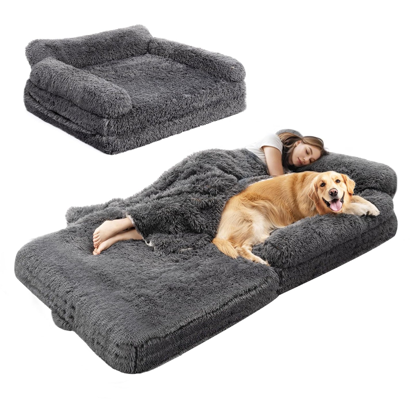 OtterOasis 72" Foldable Human Dog Bed for Adults, Fluffy Faux Fur with Blanket, Orthopedic Washable Dog Bed with Memory Foam and Water Repellent Liner Extra Large Thick for Pet