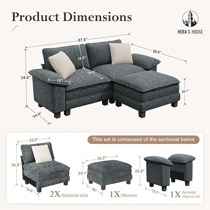 HERA'S HOUSE 88" Modular Sectional Sofa, L Shaped Couches for Living Room, Comfy Cloud Couch with Ottoman, 3-Seater Deep Seat Sofa with Throw Pillow, Chenille Blue