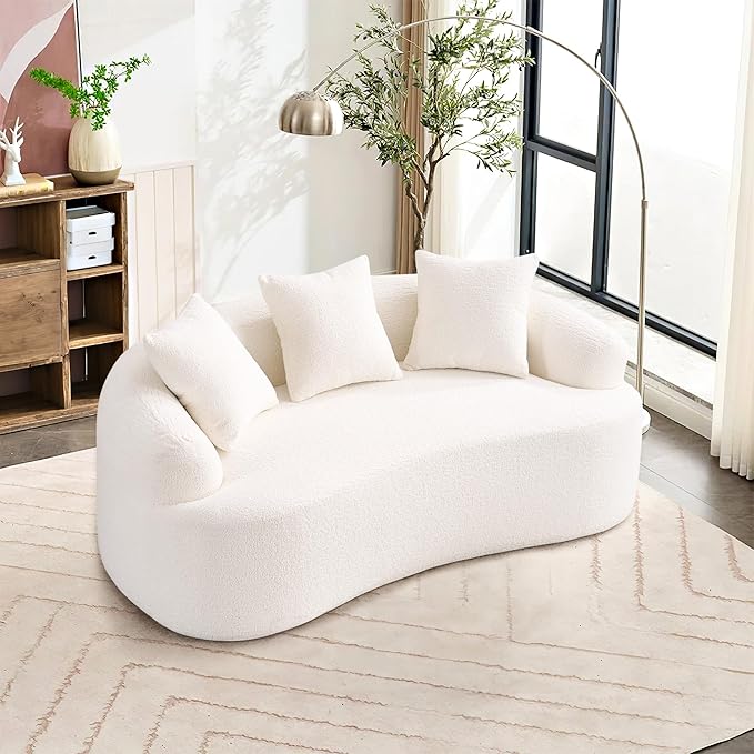 65'' Modern Curved Cloud Loveseat Sectional Sofa for Small Spaces, Luxury Plush Chenille Deep Seat Couch with 3 Pillows, No Assembly Needed Apartment Living Room Furniture, Beige