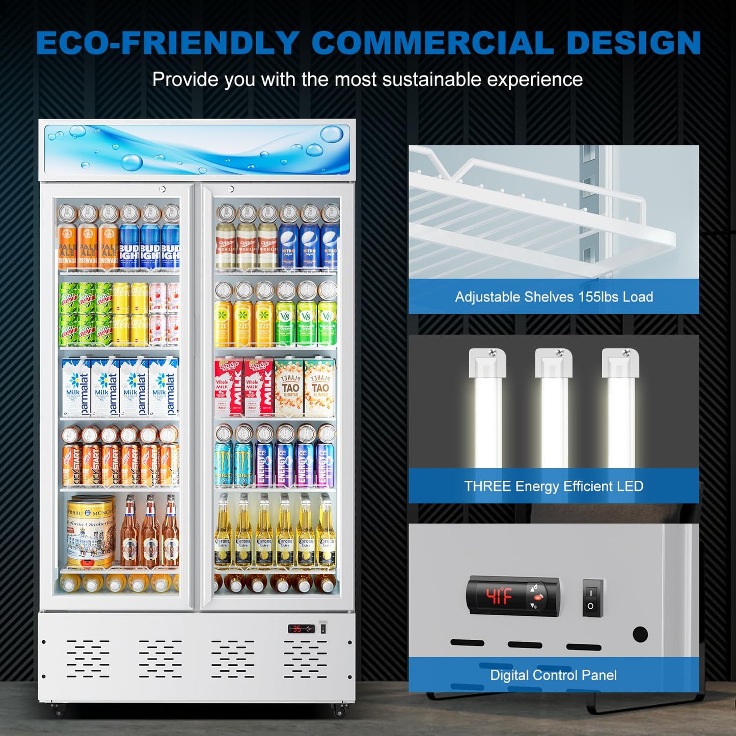 ECEVT 41.34'' W Commercial Beverage Refrigerators, 30 Cu.ft Glass Door Refrigerator Commercial with LED Light and 10 Shelves, Display Refrigerator for Restaurant Store Cafe Bar, White