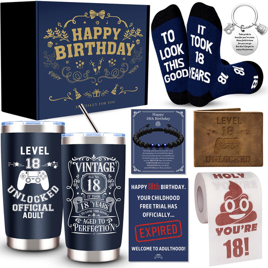 8 Pcs Happy 18th Birthday Gifts for Boys, 18 Year Old Boy Birthday Gifts Ideas with 20 Oz Tumbler, Funny Socks, Toilet Paper, Bracelet, Teen Boys Wallet, Keychain for Son, Nephew, Grandson, Brother