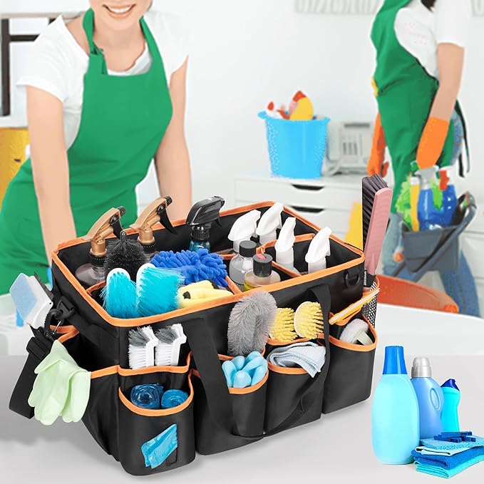 Extra-large Wearable Cleaning Caddy, Organizer Bag for Housekeeper with Pad, Handle & Divider, Car Wash Tools Bag for Detailing Supplies, Orange Edge