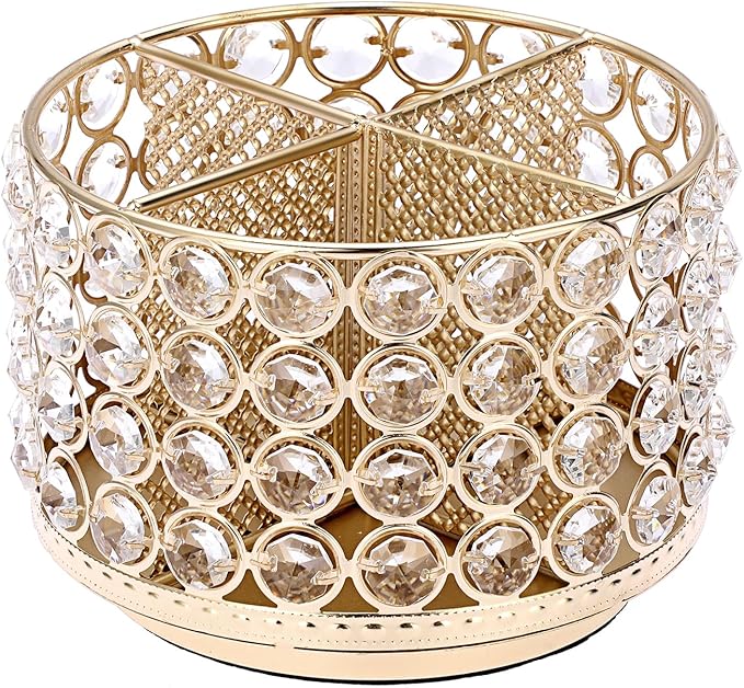 BTSKY Crystal 360 Degree Rotating Desk Organizer Decorative Storage Box with 4 Compartments, Glitter Metal Makeup Brush Ho...