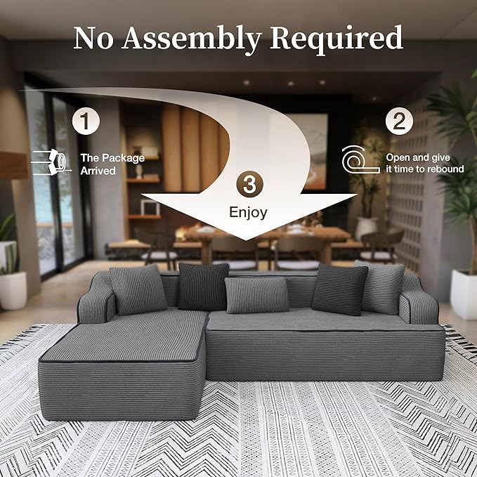 SUNSHINE VALLEY Cloud Sectional Couch for Living Room, 104'' L-Shaped Modular Sofa with Chaise, Modern Corduroy Boneless Couch with Deep Seat, No Assembly Required, Grey