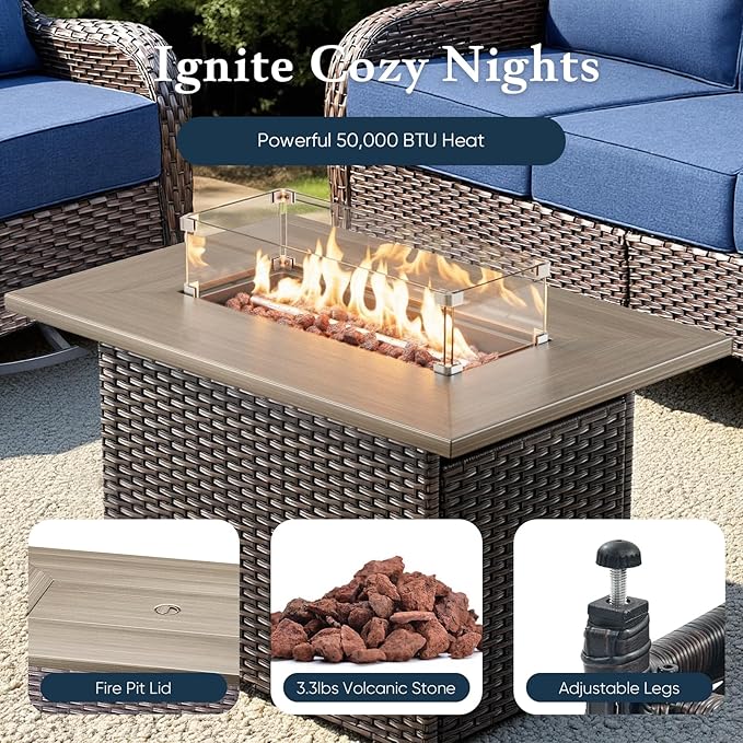 Belord Luxury 6" Thick Cushioned Outdoor Swivel Rocker Chairs Set of 4 with Fire Pit Table, High Back Wicker Patio Furniture Set with Ergonomic Zone Back, Conversation Set for Deck Porch - Brown+Beige