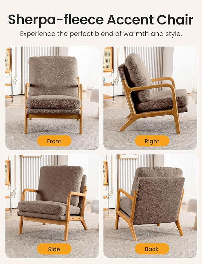 Mid Century Modern Accent Chairs for Living Room, 23” Wide Comfy Chair for Bedroom, Small Cozy Sherpa Reading Chairs for Adults, 108° Lounge Arm Chair Indoor with Detachable Cover, 5.5" Foam Cushion