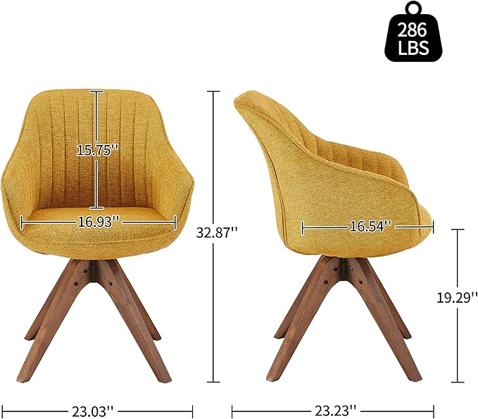 Art Leon Dining Room Chair - Mid Century Modern Fabric Upholstered Swivel Dining Chair with Wood Legs, Leisure Side Chair with Arms for Living Room, Yellow