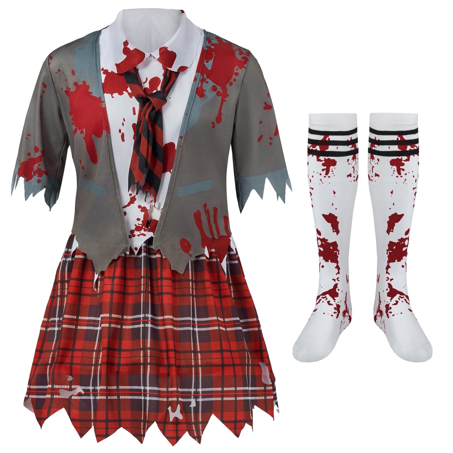 Spooktacular Creations Zombie Schoolgirl Costume, Halloween Girl Bloody Zombie Costume for Kids,Halloween, School, Event Party Dress Up (Gray, Medium(8-10 yrs))