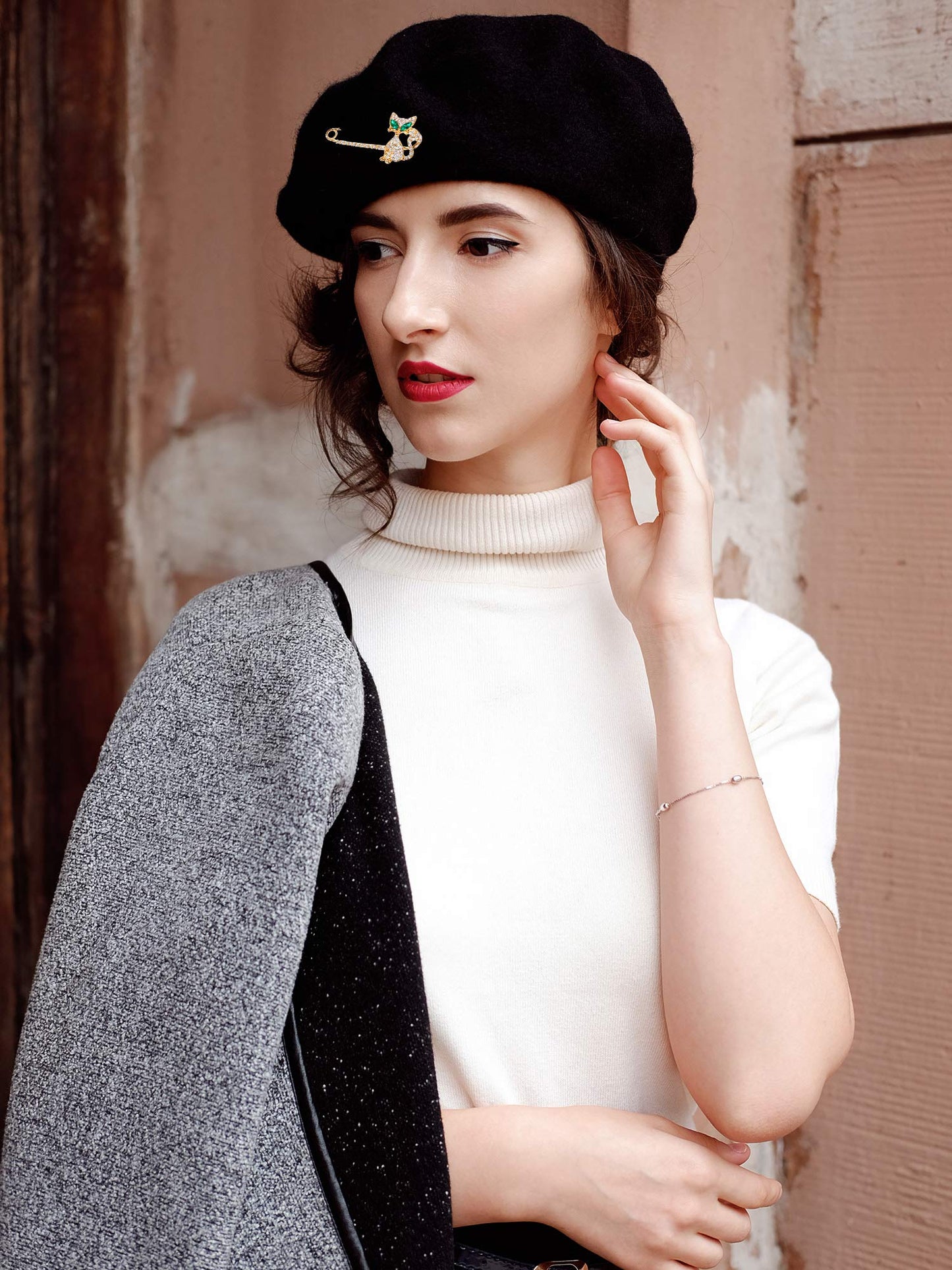 SATINIOR 6 Pieces Wool Beret Hat with Silky Scarf Brooch Solid Color French Beanie Hat for Women(Black and Red)