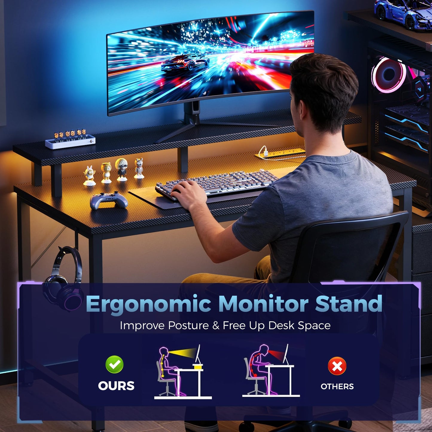 HAPPYMONT Gaming Desk with Shelves Storage Drawers, Computer Desk with LED Lights Power Outlets, Office Table with Shelf Cable Management for Bedroom Dual Monitor Streaming, Black