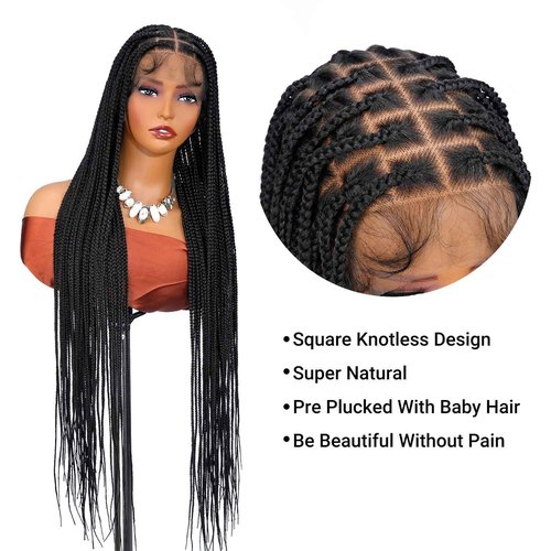 SUPERNOVA 36 Inch Knotless Box Braided Wigs With Baby Hair For Black Women Square Synthetic Hair 13x7 Lace Front Braided Wig And Half Back Double Lace Boho Braids Wig