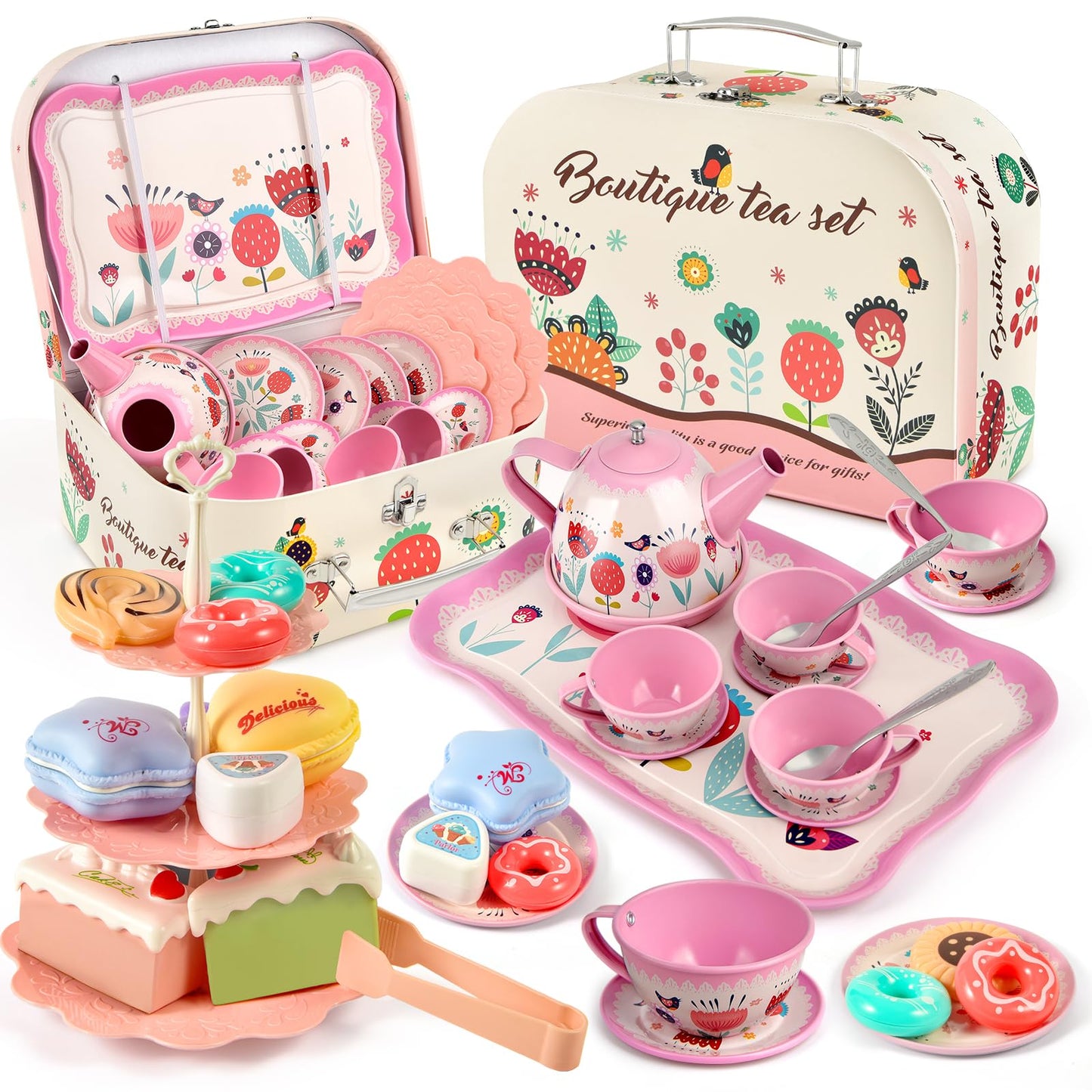 Tea Party Set for Little Girls, Flower Tea Set Toys for Girls Age 3 4 5 6 Year Old, Toddler Kids Kitchen Pretend Play Toys with Tin Tea Set, Cake Stand, for Girls