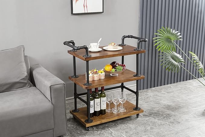 DOFURNILIM Industrial Pipe Bar Carts/Serving Carts/Kitchen Carts/Wine Rack Carts on Wheels with Shelves - Wood Rolling Carts - Wine Tea Liquor Shelves/Holder - Home Furniture