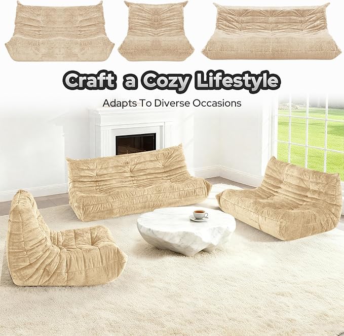 HABUTWAY Bean Bag Chair, Giant Bean Bag Chairs for Adults, Loveseat Fireside Chair, 2 Seater Lazy Bean Bag Sofa Memory Foam Couch for Living Room, Bedroom, Office (Khaki)