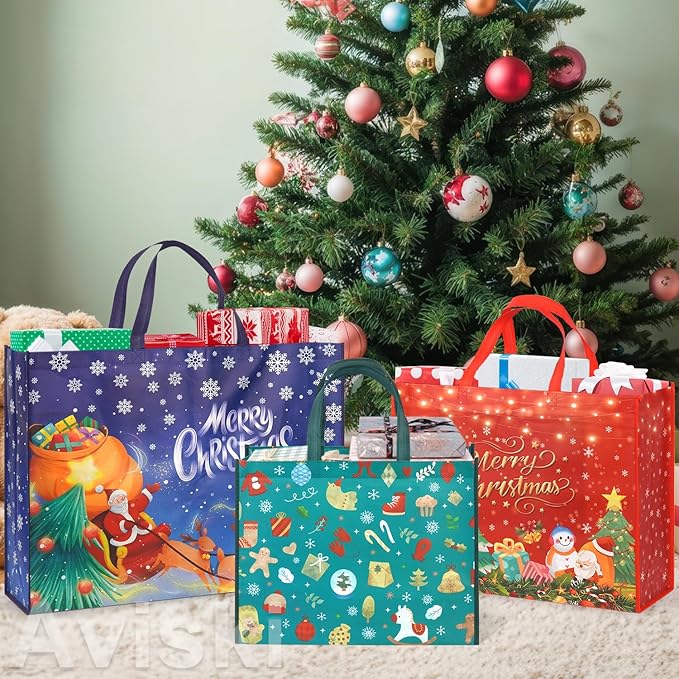 Aviski 3PCS Giant Christmas Gift Bags, Assorted Sizes, Heavy Duty Tote Grocery Treat Sewing Non-Woven Jumbo Bags with Handles for Gifts Wrapping Shopping, Xmas Party Supplies