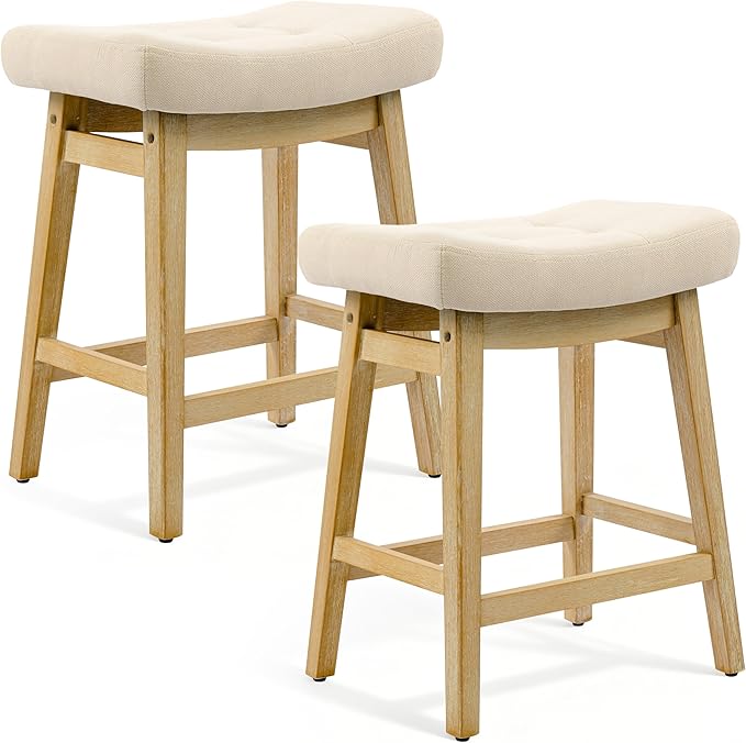 Counter Height Bar Stools Set of 2 for Kitchen Counter, Backless Farmhouse Island Short Barstools No Back with Padded Fabric Saddle Seat & Solid Wood Legs Modern 24 inch Counter Top Bar Chairs, Khaki