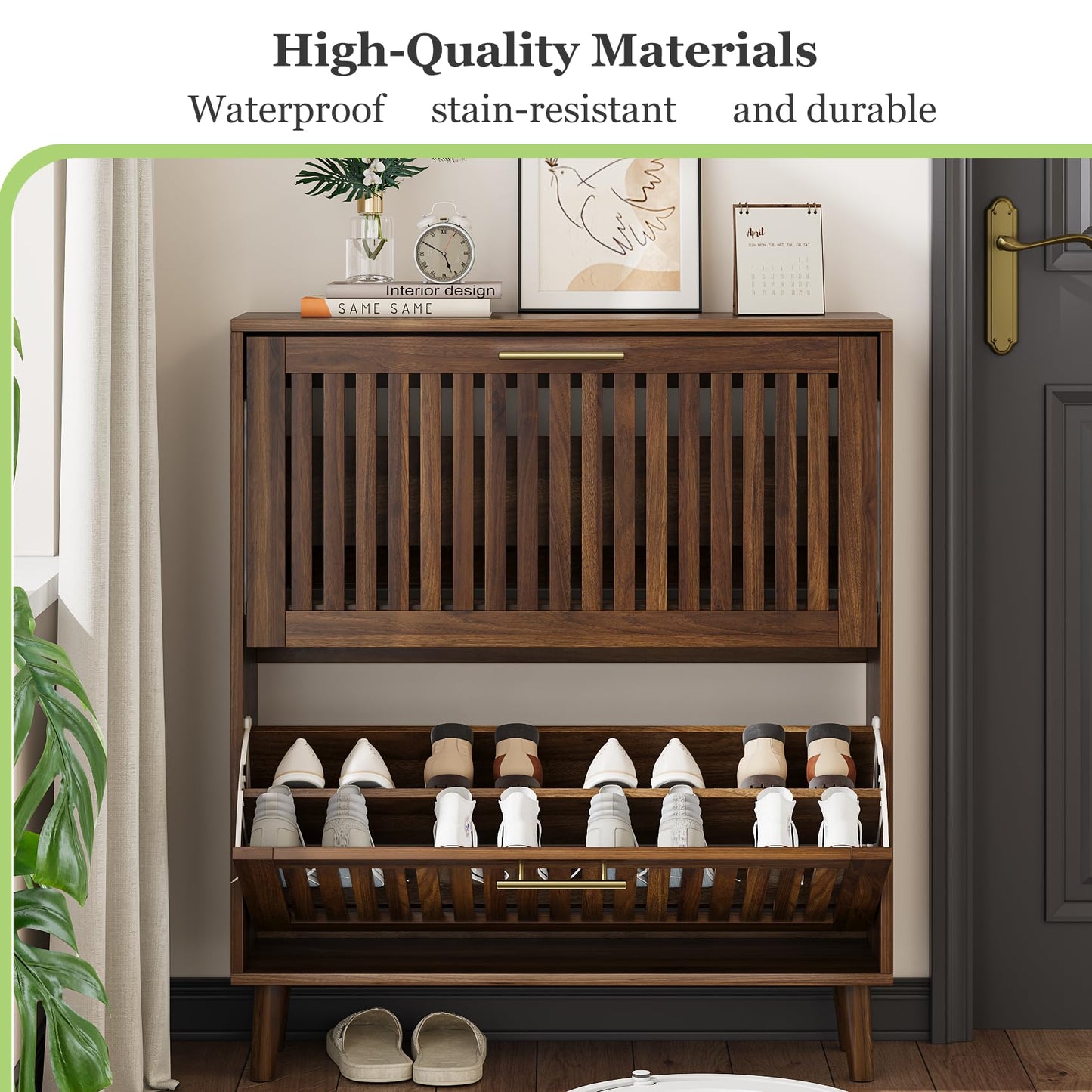 Shoe Cabinet, Shoe Storage Cabinet with Louvered 2 Flip Drawers, Narrow Shoe Cabinet Storage for Entryway, Freestanding Shoe Organizer Cabinet with Golden Handles, Slim Shoe Rack Cabinet (Walnut)