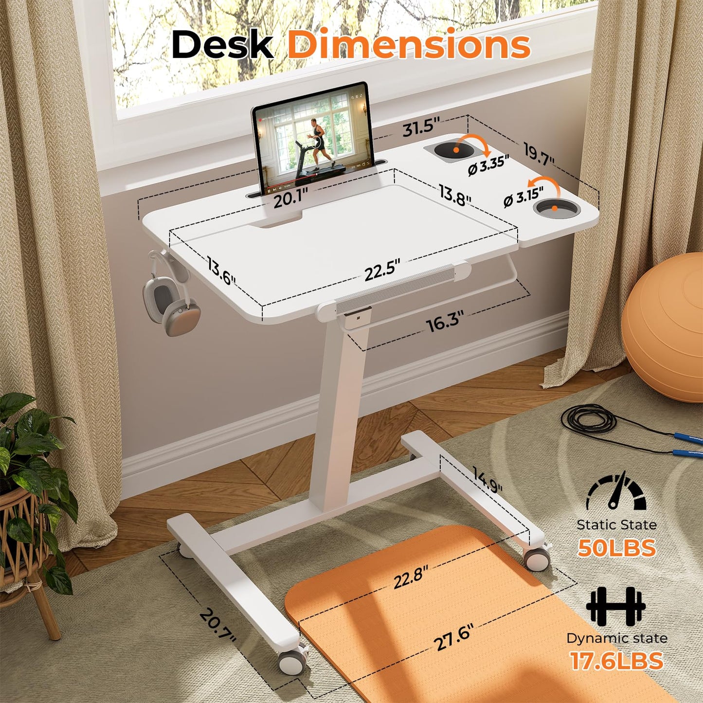 JOY worker Mobile Standing Desk for Treadmill, 31.5" Small Pneumatic Height Adjustable Walking Pad Desk, 40° Foldable Rolling Bike Trainer Stand Table on Wheels with Cup Holder & Towel Rack, White