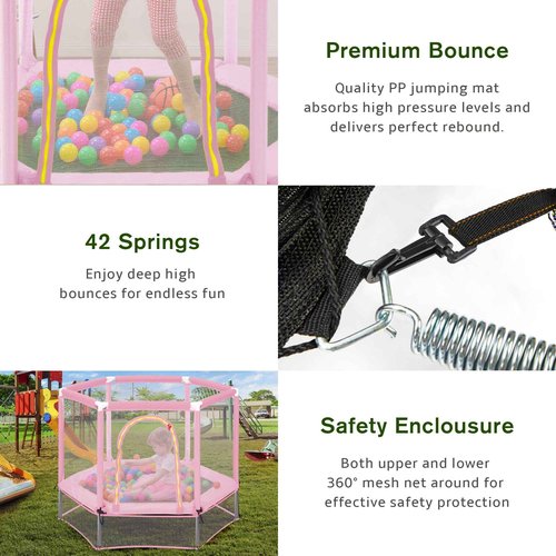 Merax 55" Indoor/Outdoor Kids Jumper: Safety Enclosure Net, Ball Pit Included | 4.5FT Mini Trampoline for Toddlers & Babies 3+ Months,Pink